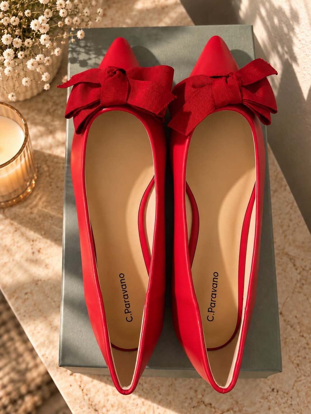 C. Paravano Pointy Bow Flats Red Leather Size 38